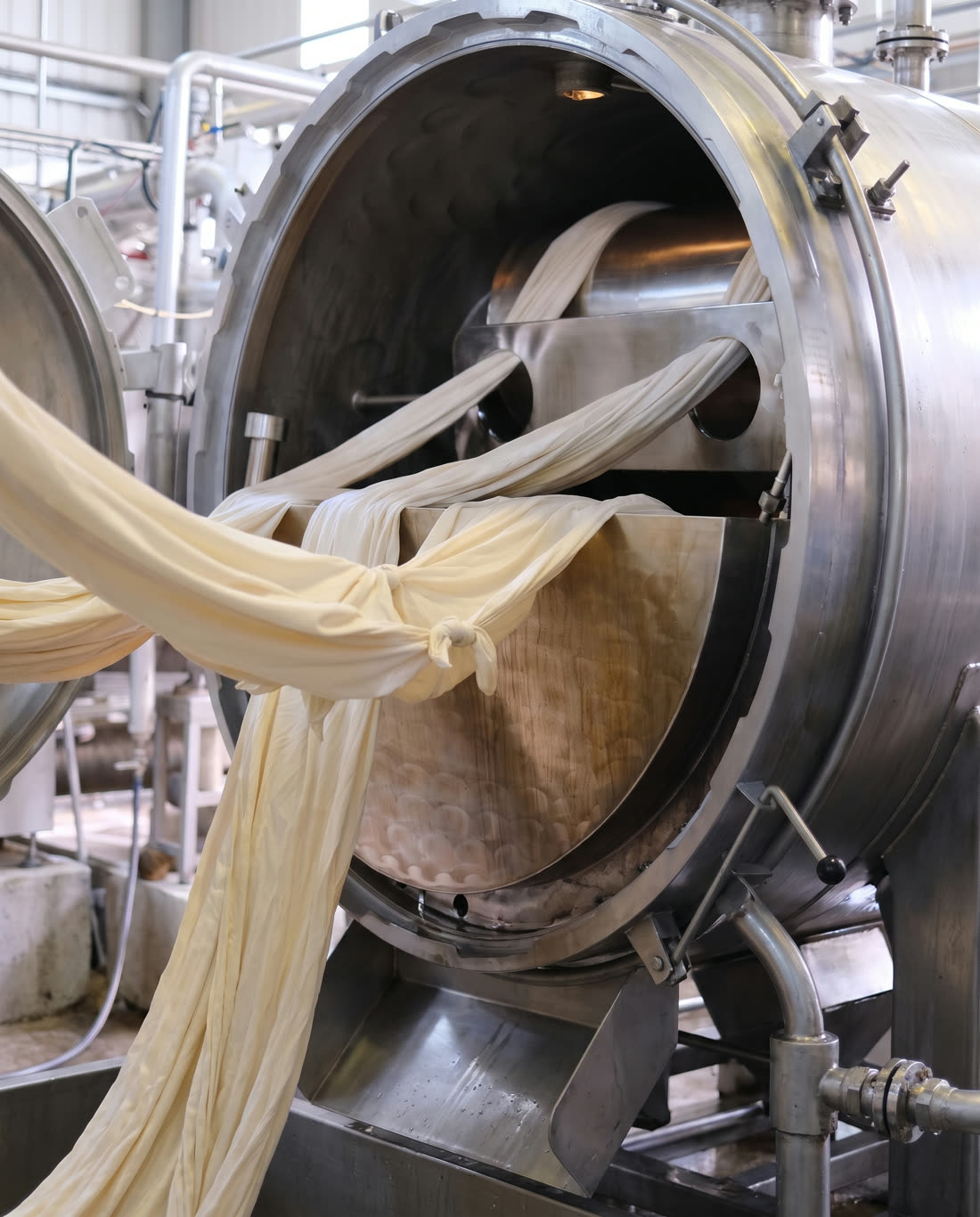 Gros plan sur du tissu écru en machine